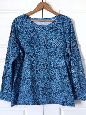 Talbots Tee Floral Shirt Womens 1X Blue Silver Knit Stretch Long Sleeve Sparkly